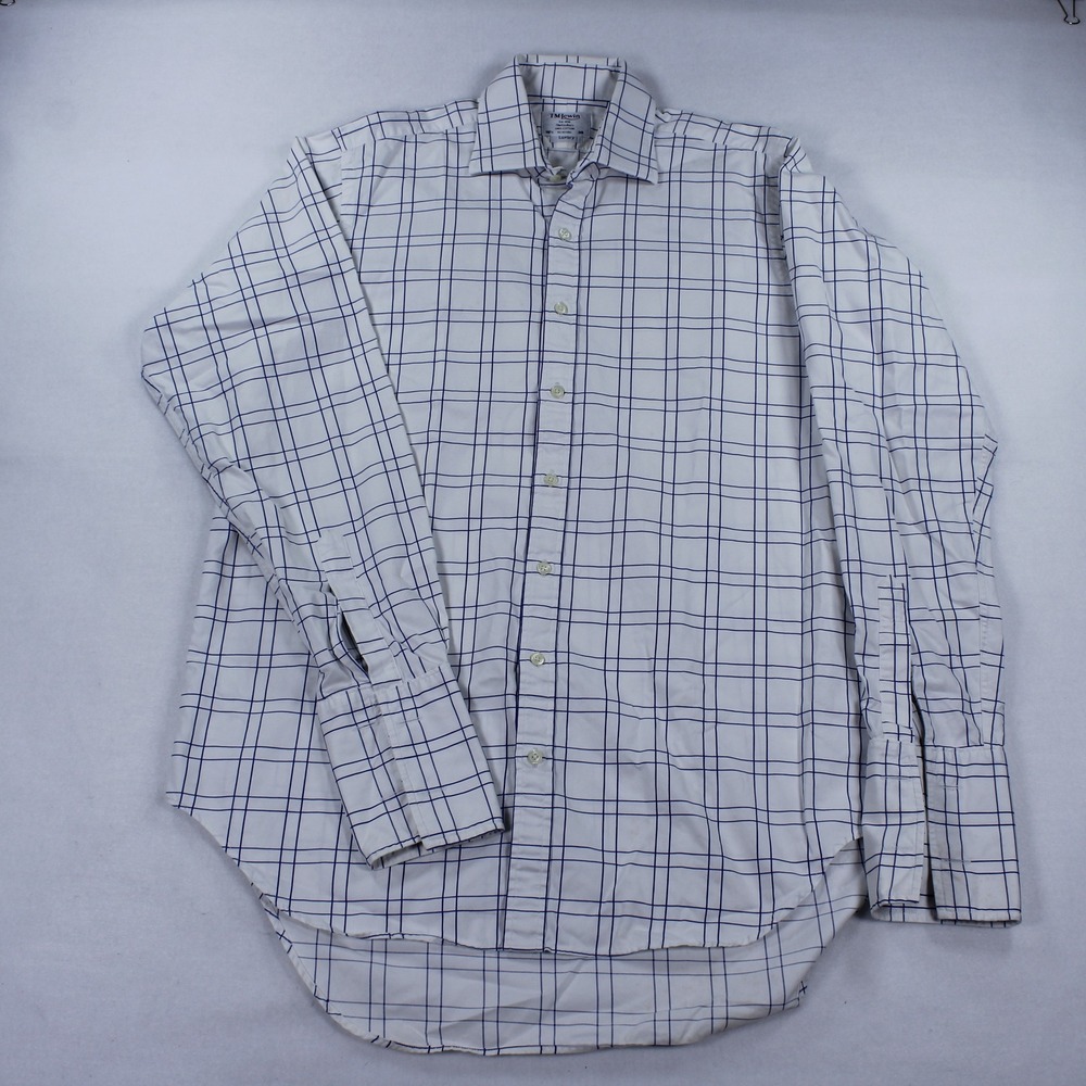 TM Lewin Luxury Men's Dress Shirt 16.5 38 White Blue Grid Check French Cuff